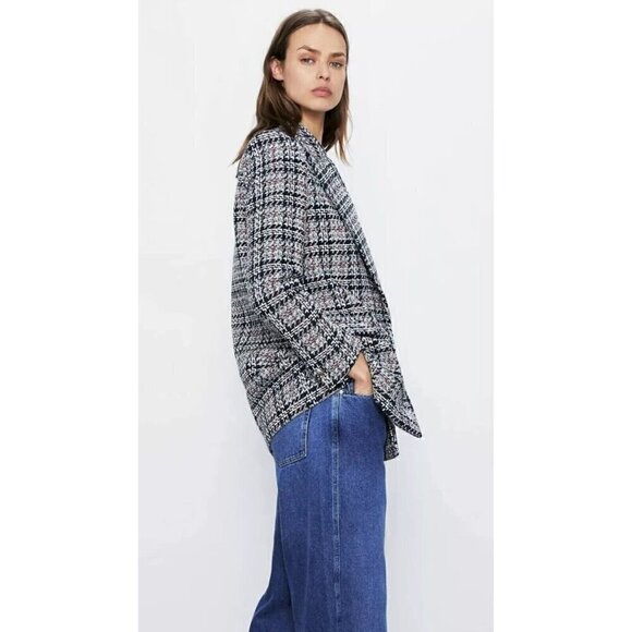 New ZARA Textured Tweed Double Breasted Checked Blazer Jacket - Spain - Picture 9 of 15